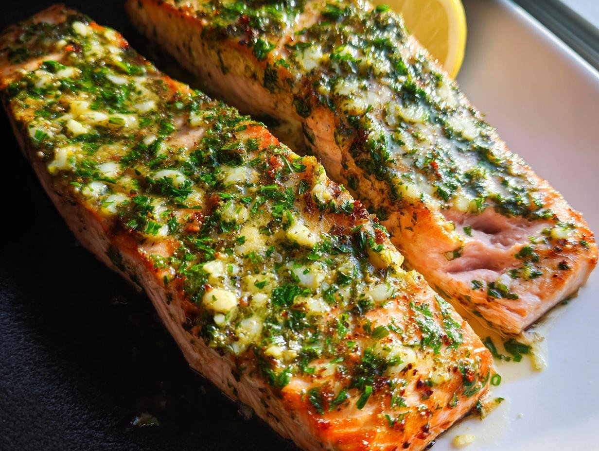 Two fillets of perfectly cooked Baked Salmon with Garlic Herb Butter, topped with fresh green herbs.