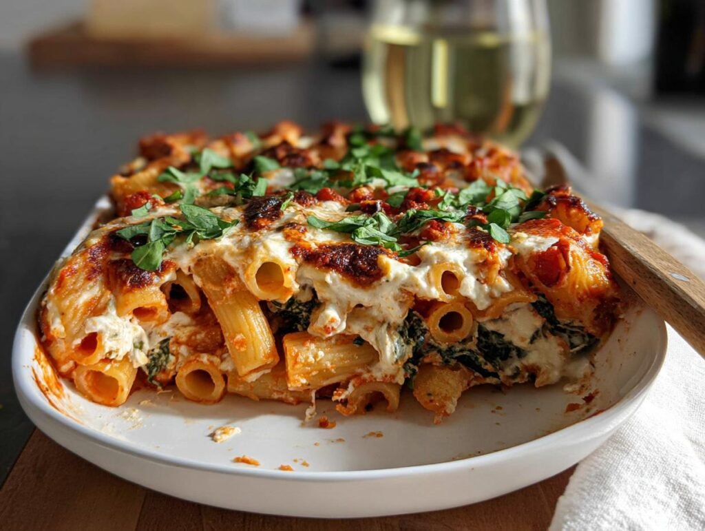 Close-up of baked ziti pasta casserole with melted cheese and herbs, a perfect budget-friendly dinner.