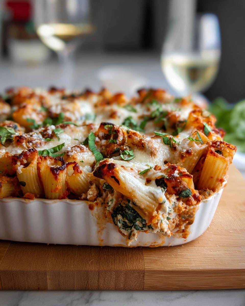 Close-up of baked ziti casserole topped with melted cheese and basil, perfect for budget-friendly dinners.