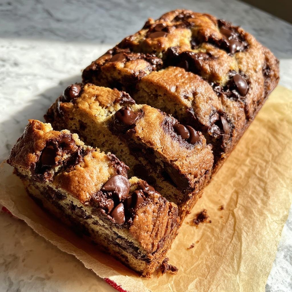 A loaf of moist Banana Bread with Brown Butter, sliced and loaded with melted chocolate chips.