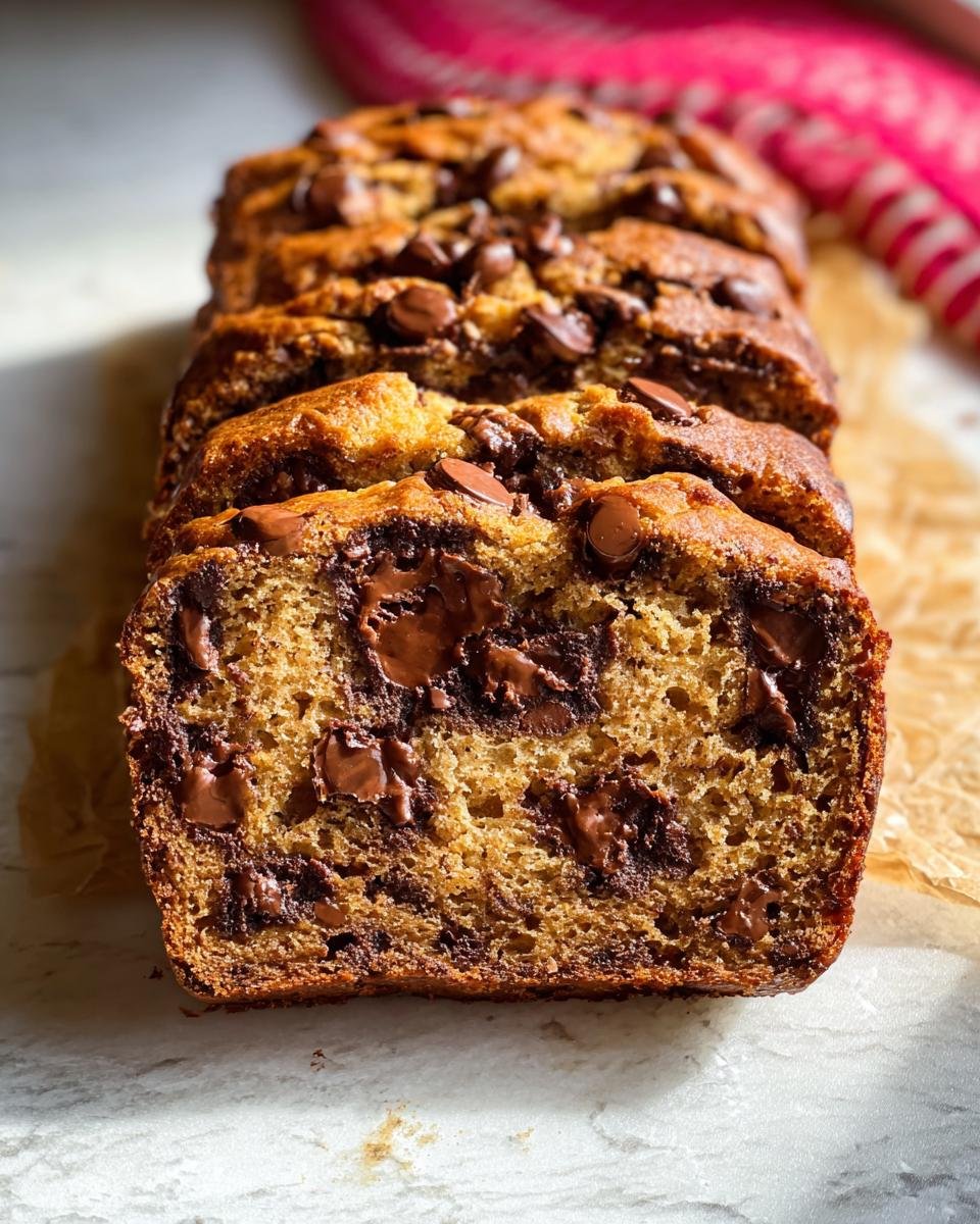 Close-up of sliced Banana Bread with Brown Butter loaded with melted chocolate chips.