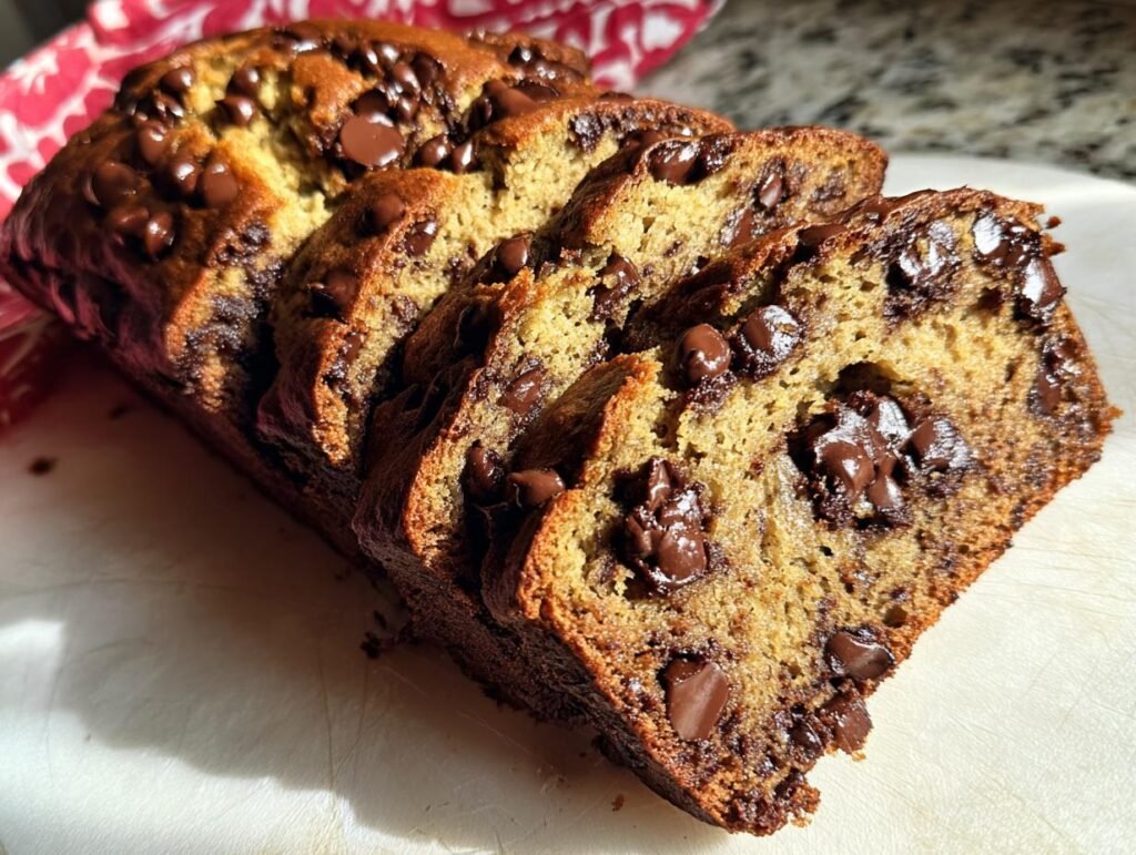 Close-up of a sliced loaf of Banana Bread with Brown Butter, studded with melted chocolate chips.