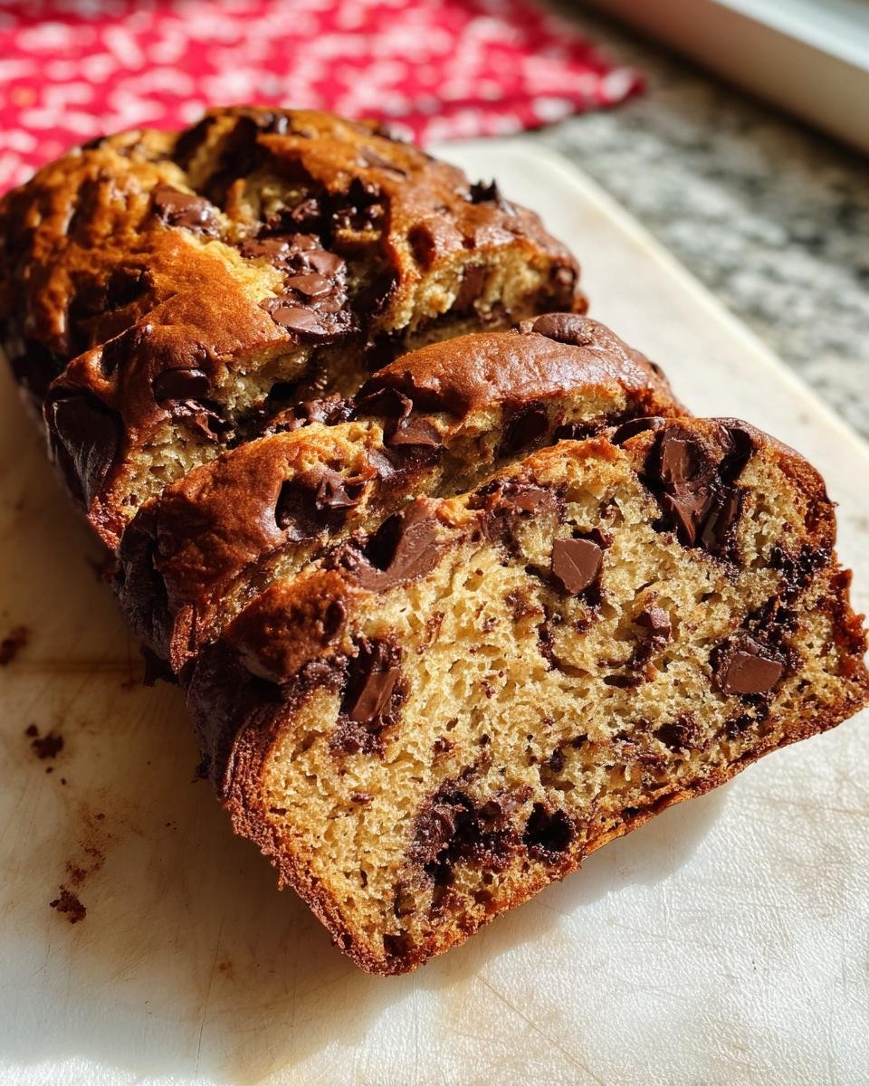 Close-up of sliced Banana Bread with Brown Butter loaded with melted chocolate chips on a white cutting board.