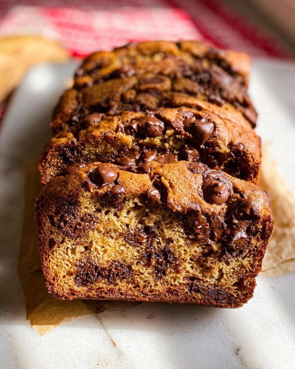 Close-up of sliced Banana Bread with Brown Butter loaded with melted chocolate chips.
