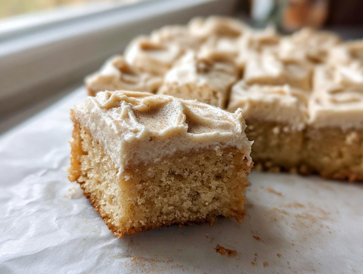 Close-up of a square slice of moist Banana Cake with Brown Butter Frosting, dusted with spice.