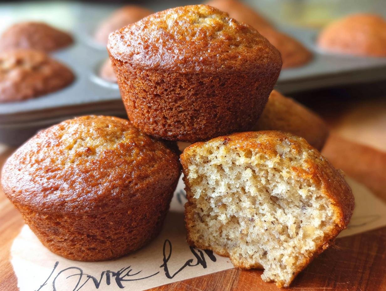 Three golden-brown Banana Muffins Small Batch, one broken open to show the moist interior.