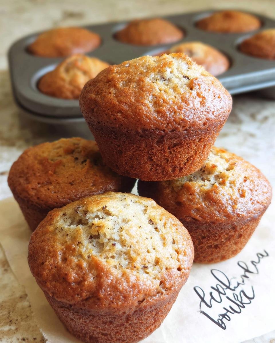 A stack of four golden-brown Banana Muffins Small Batch resting on parchment paper with a muffin tin in the background.