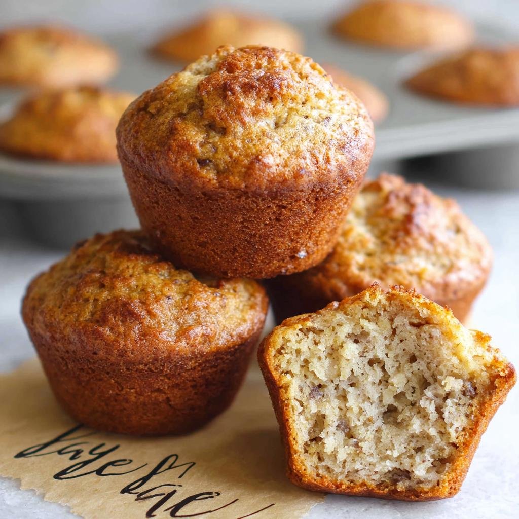 A stack of golden brown Banana Muffins Small Batch, with one cut open showing the moist interior.