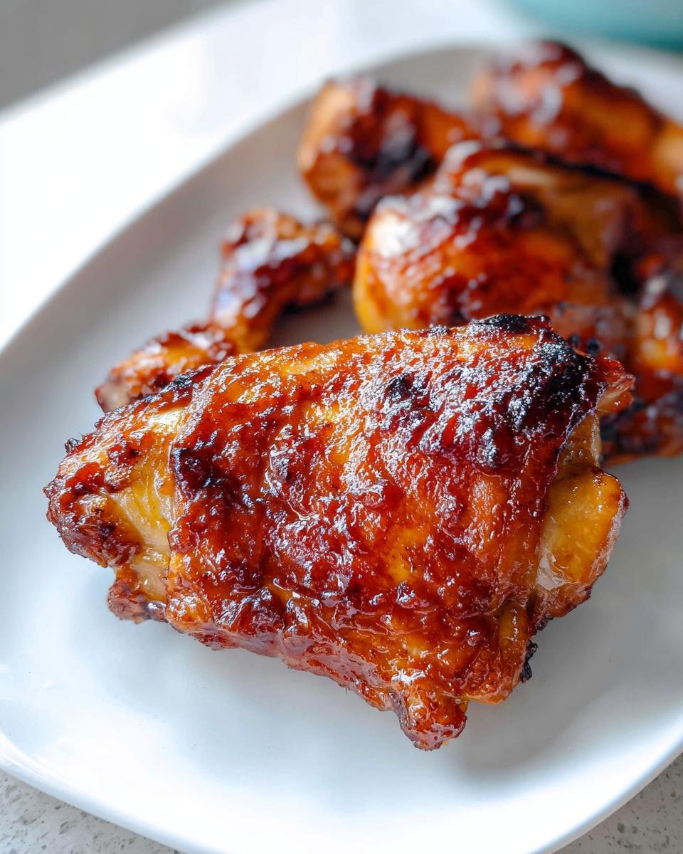 A close-up of a perfectly glazed, caramelized BBQ Baked Thighs piece on a white plate.