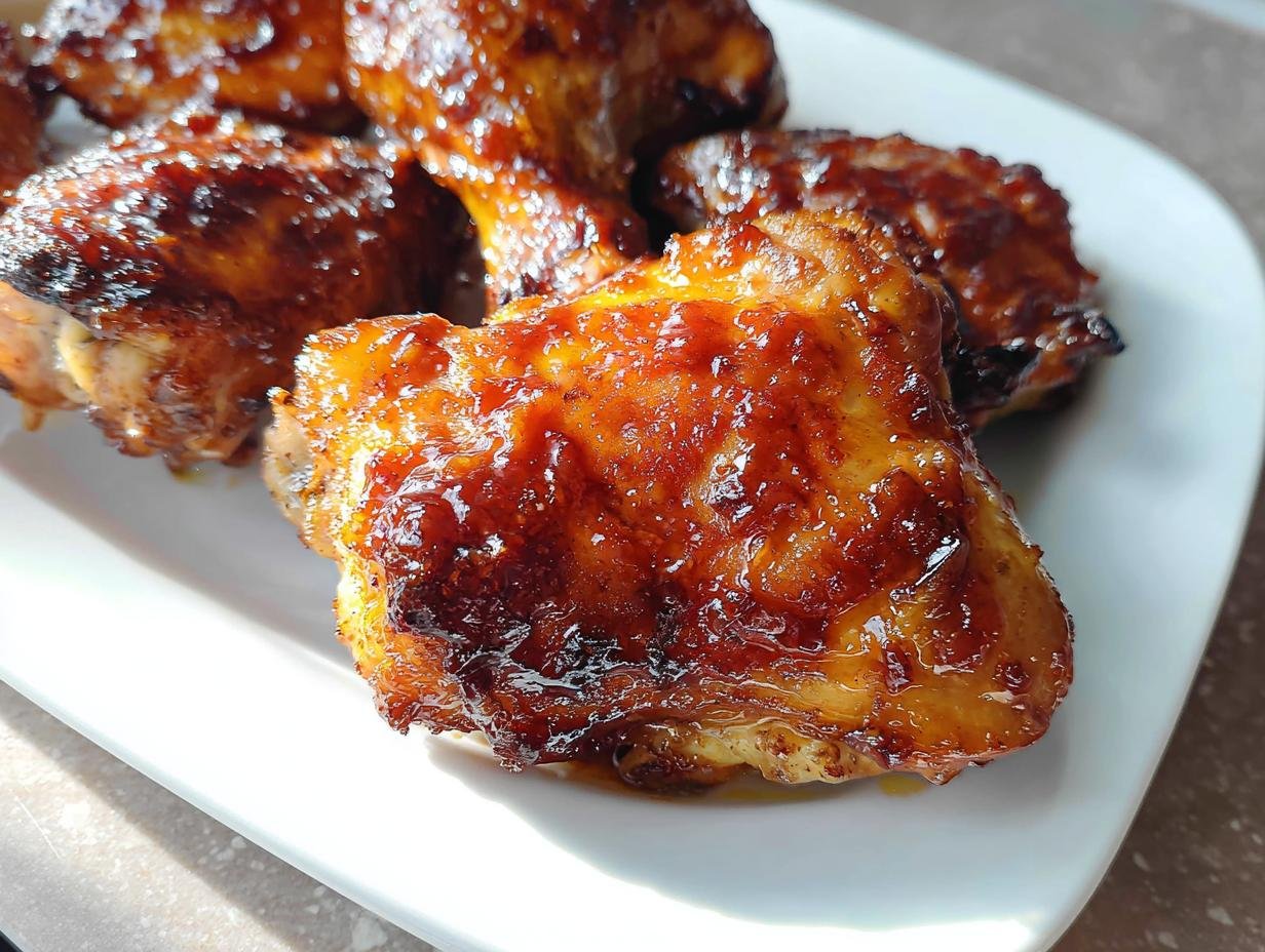 Close-up of juicy, glazed BBQ Baked Thighs with a sticky, caramelized sauce on a white plate.