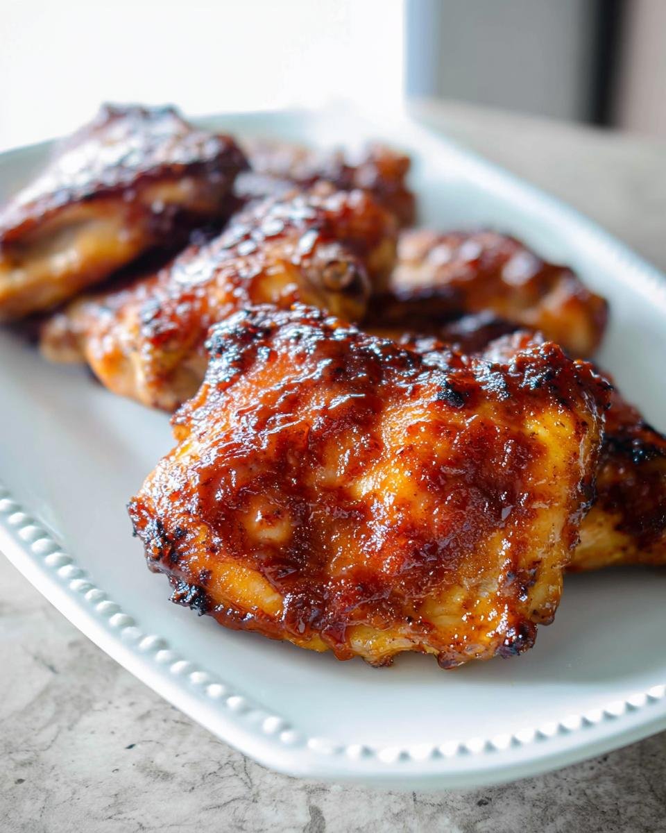 Close-up of juicy, glazed BBQ Baked Thighs served on a white, beaded platter.