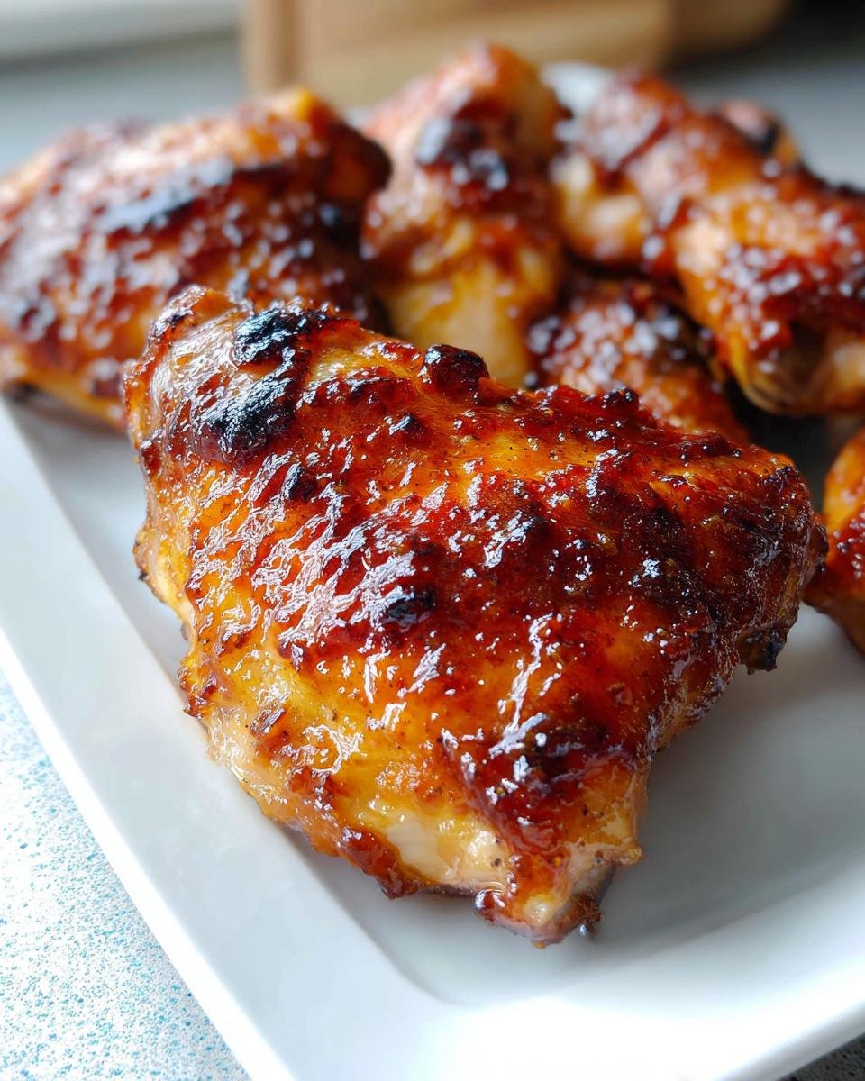 A close-up of several juicy BBQ Baked Thighs coated in a thick, glossy, caramelized sauce on a white platter.