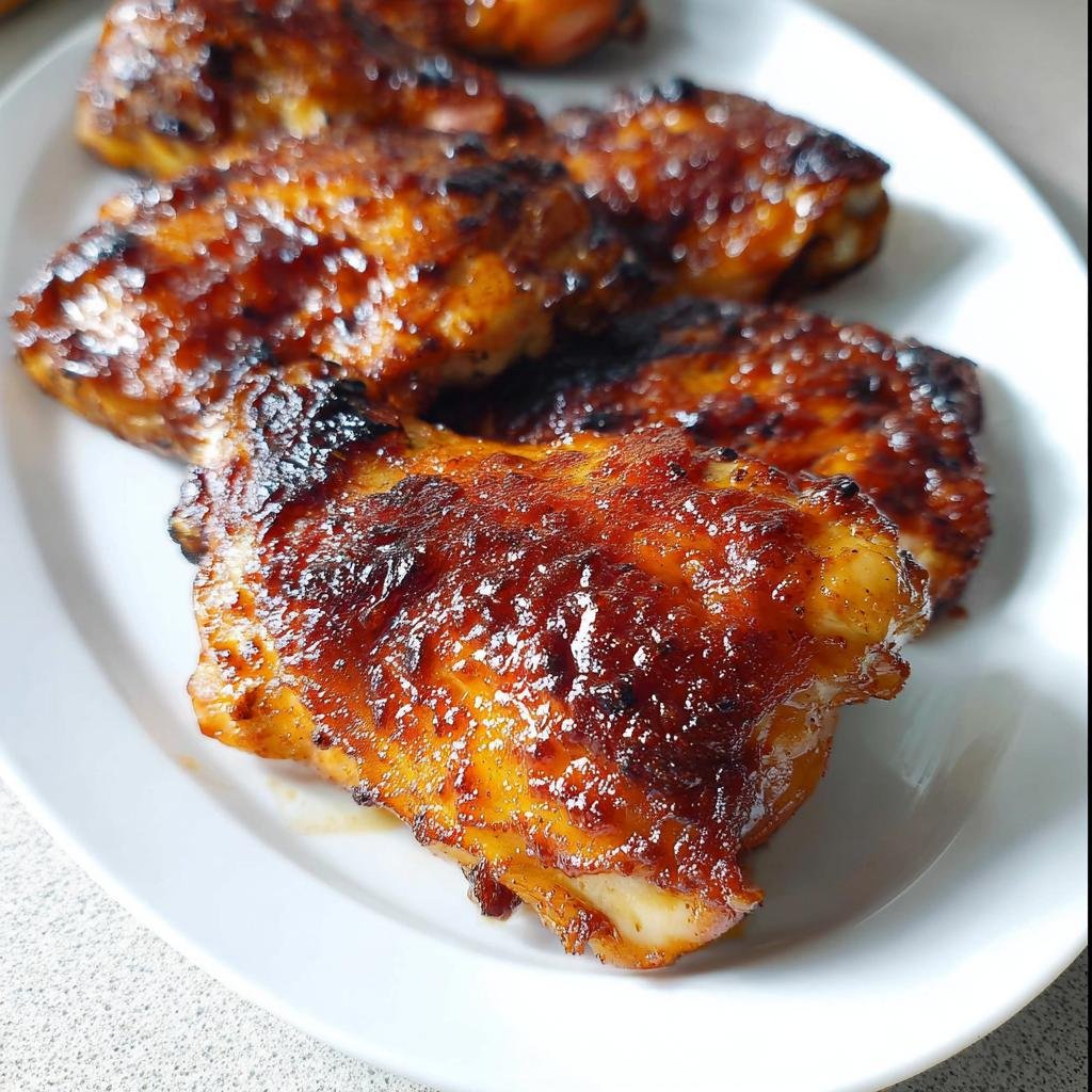 Close-up of several glossy, caramelized BBQ Baked Thighs served on a white oval platter.