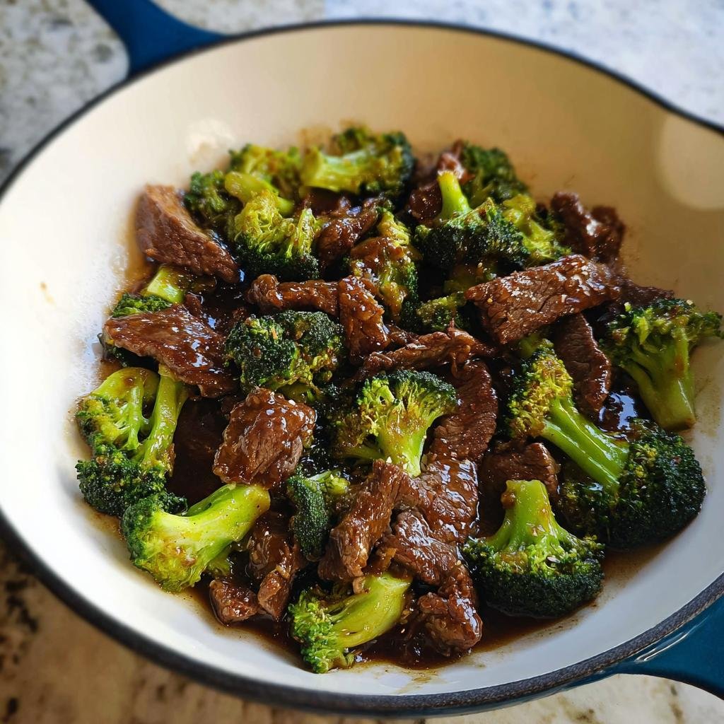 Close-up of tender slices of beef and bright green broccoli florets coated in savory sauce in a white skillet, ready for Beef and Broccoli Stir Fry.