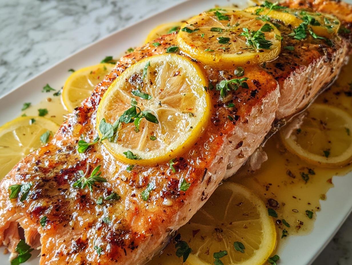 Close-up of the Best Baked Salmon, glistening with butter sauce and topped with lemon slices and fresh herbs.