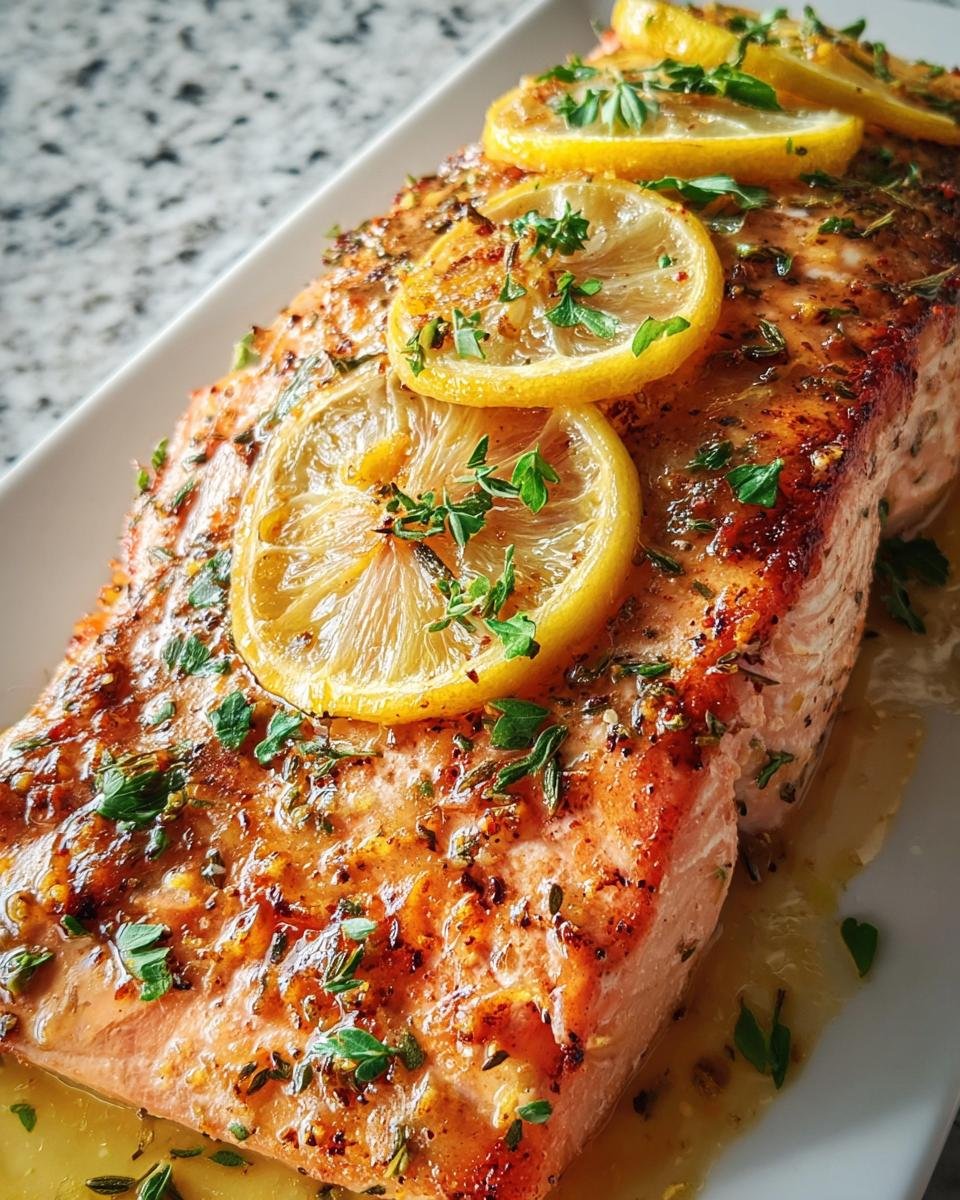 Close-up of Best Baked Salmon fillet topped with lemon slices, fresh thyme, and parsley.