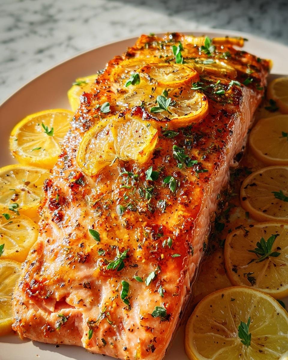 Close-up of the Best Baked Salmon fillet, glazed and topped with roasted lemon slices and fresh herbs.