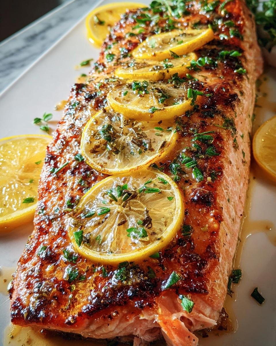 Close-up of a whole fillet of Best Baked Salmon, glazed and topped with lemon slices and fresh herbs.