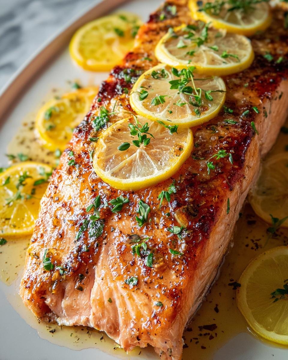 Close-up of the Best Baked Salmon fillet, glazed and topped with fresh lemon slices and herbs.