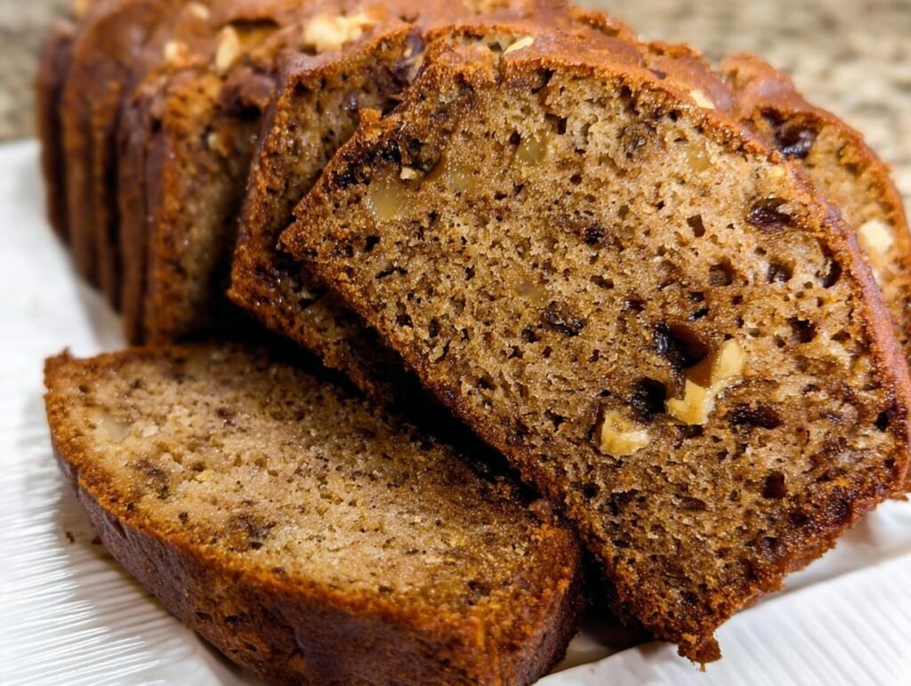 Close-up of moist banana bread ever moist and tender, sliced and showing walnuts and raisins.