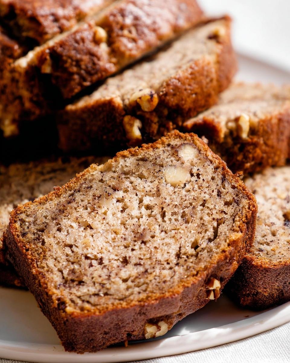 Close-up of moist and tender slices of the Best Banana Bread Ever, showing walnuts throughout the crumb.