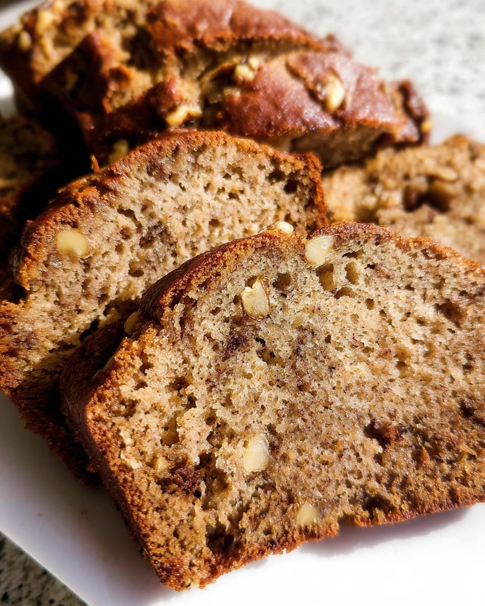 Close-up of moist and tender slices of the Best Banana Bread Ever with visible walnuts.