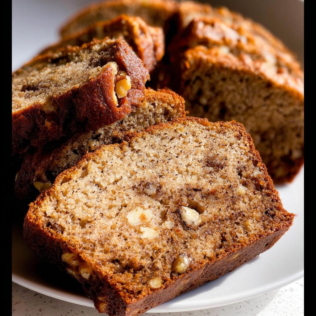 Close-up of moist, tender slices of Best Banana Bread Ever Moist and Tender, showing walnuts throughout.