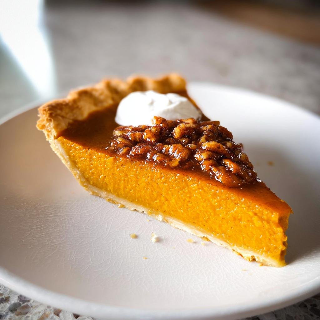 A perfect slice of the Best Pumpkin Pie Ever with a rich orange filling, flaky crust, topped with candied pecans and whipped cream.