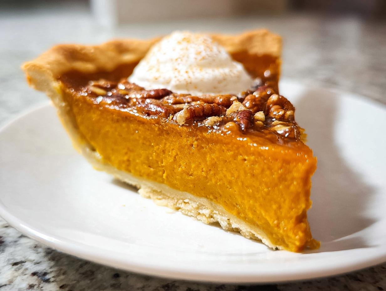 A thick slice of the Best Pumpkin Pie Ever, topped with pecans, glaze, and whipped cream.