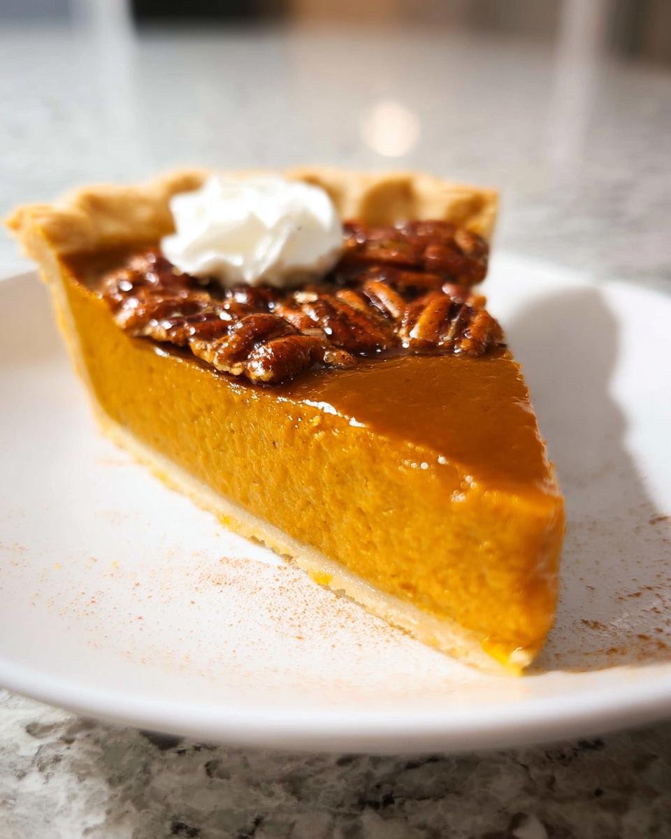 A perfect slice of the Best Pumpkin Pie Ever topped with candied pecans and whipped cream.