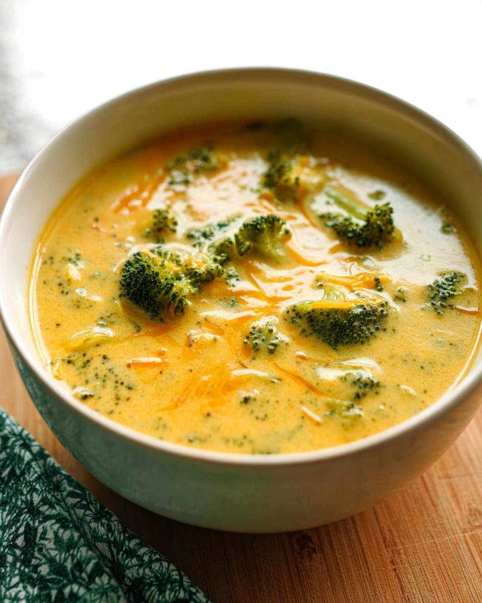 A close-up of a white bowl filled with creamy, bright yellow Broccoli Cheddar Soup topped with fresh broccoli florets.