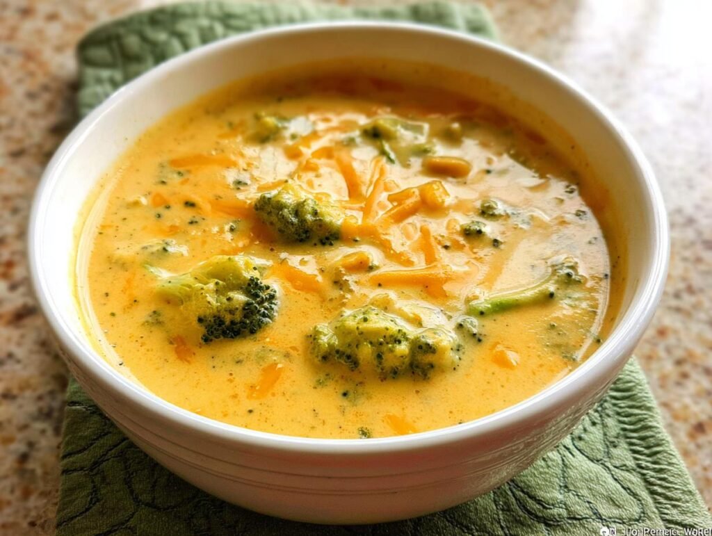 Close-up of a white bowl filled with creamy, vibrant yellow Broccoli Cheddar Soup topped with melted cheese shreds and broccoli florets.