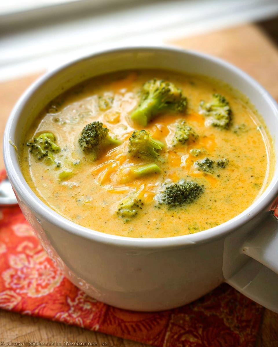 Close-up of a white mug filled with rich, creamy Broccoli Cheddar Soup topped with fresh broccoli florets and melted cheddar.