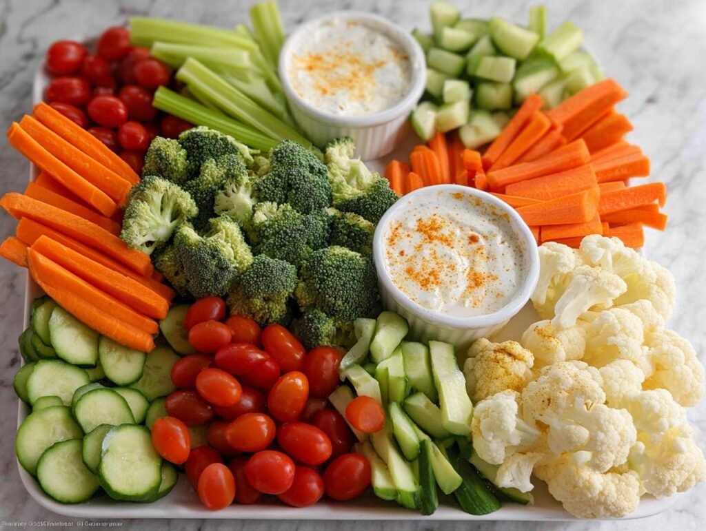 A colorful platter featuring a Budget Veggie Tray for a Crowd with carrots, broccoli, cauliflower, celery, cucumbers, tomatoes, and dip.
