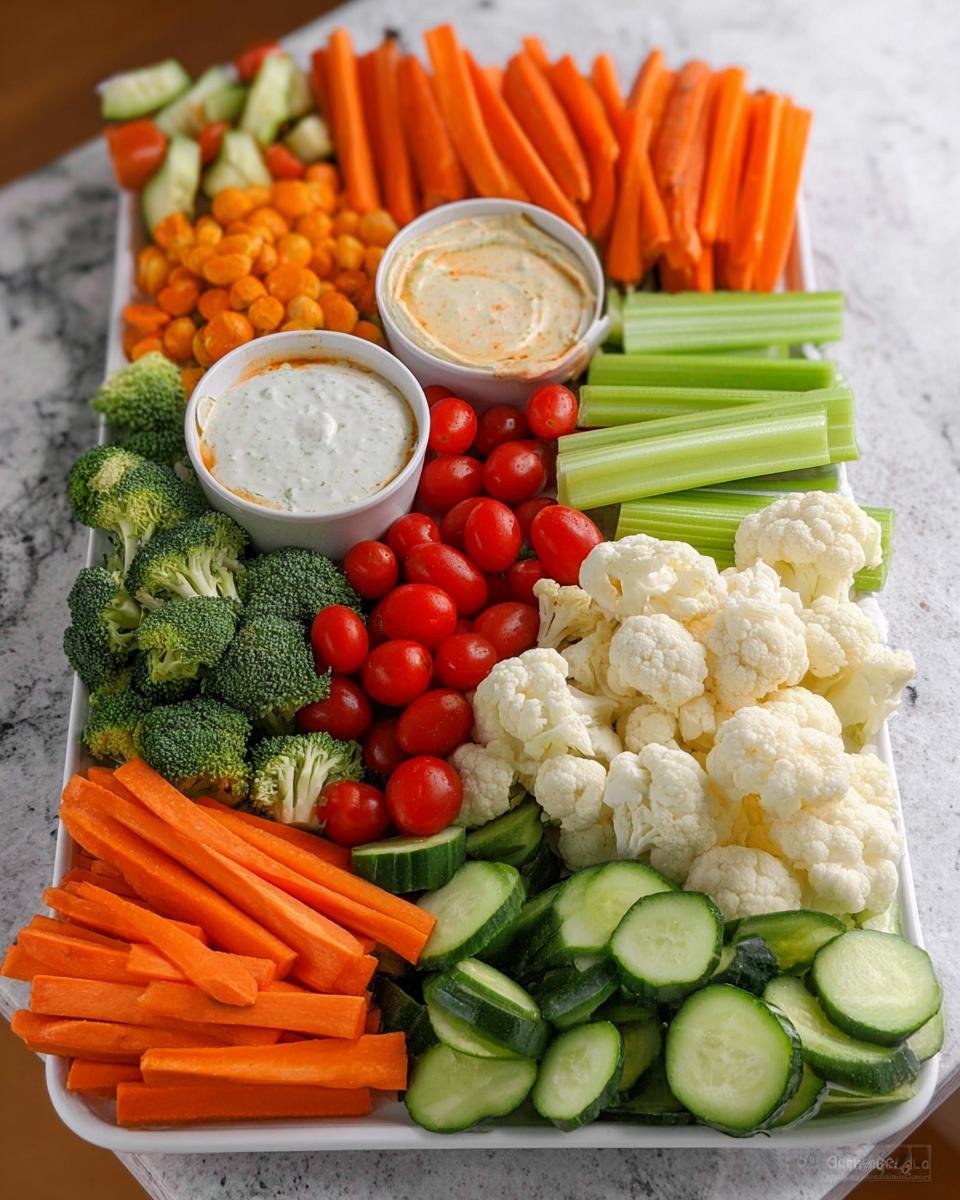 A large platter featuring a vibrant Budget Veggie Tray for a Crowd with carrots, celery, broccoli, cauliflower, cucumbers, tomatoes, and dips.