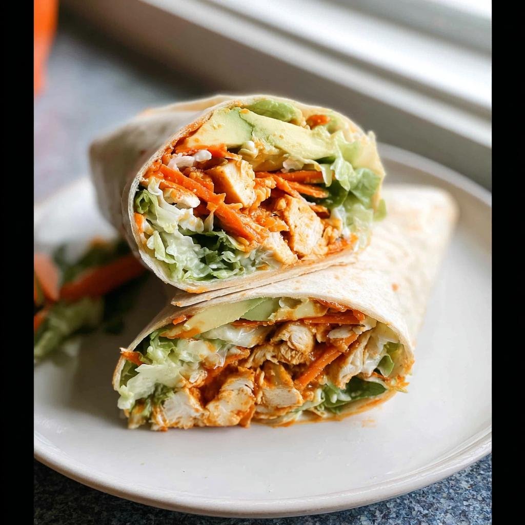 Close-up of Buffalo Chicken Wraps cut in half, showing chicken, carrots, lettuce, and avocado.