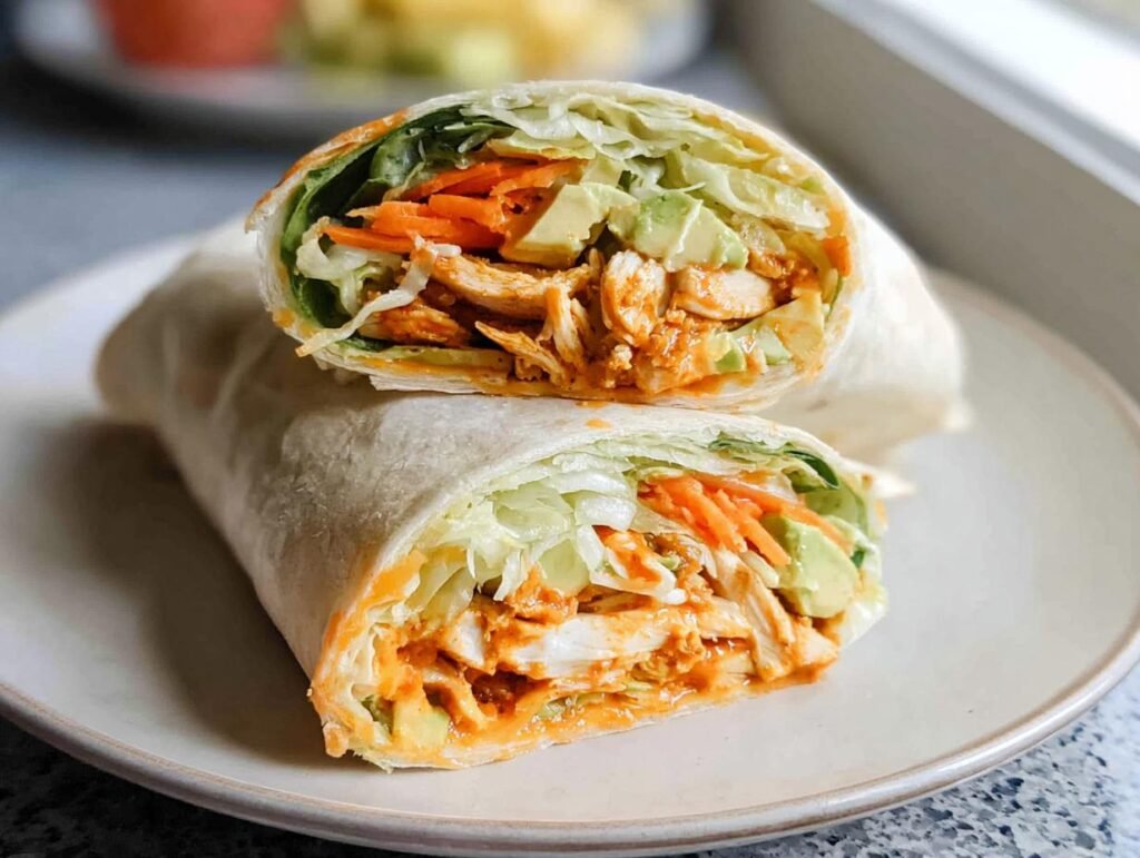 Two halves of a Buffalo Chicken Wrap cut diagonally, showing shredded buffalo chicken, avocado, carrots, and lettuce.