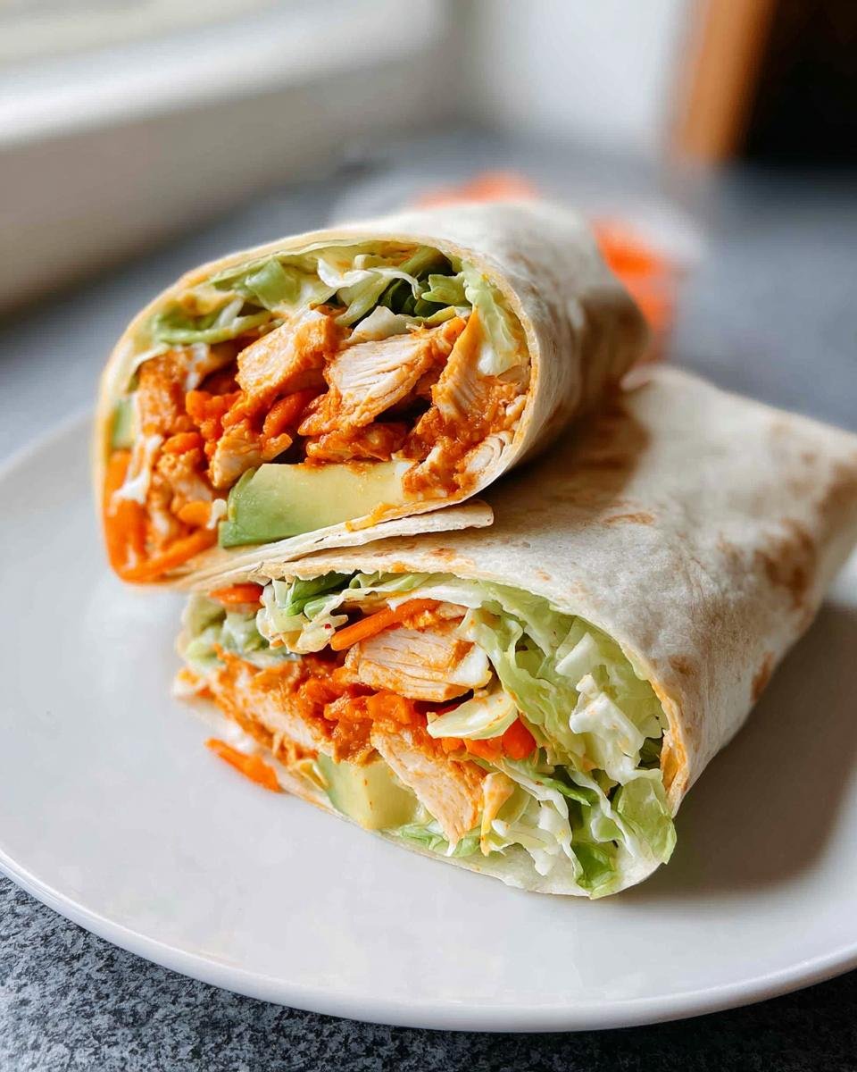 Two halves of a Buffalo Chicken Wraps stacked, showing shredded chicken tossed in orange sauce, lettuce, carrots, and avocado.