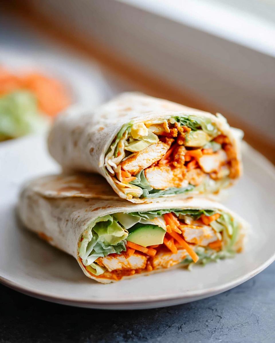 Two halves of a Buffalo Chicken Wrap stacked, showing chicken coated in orange sauce, lettuce, carrots, and avocado.