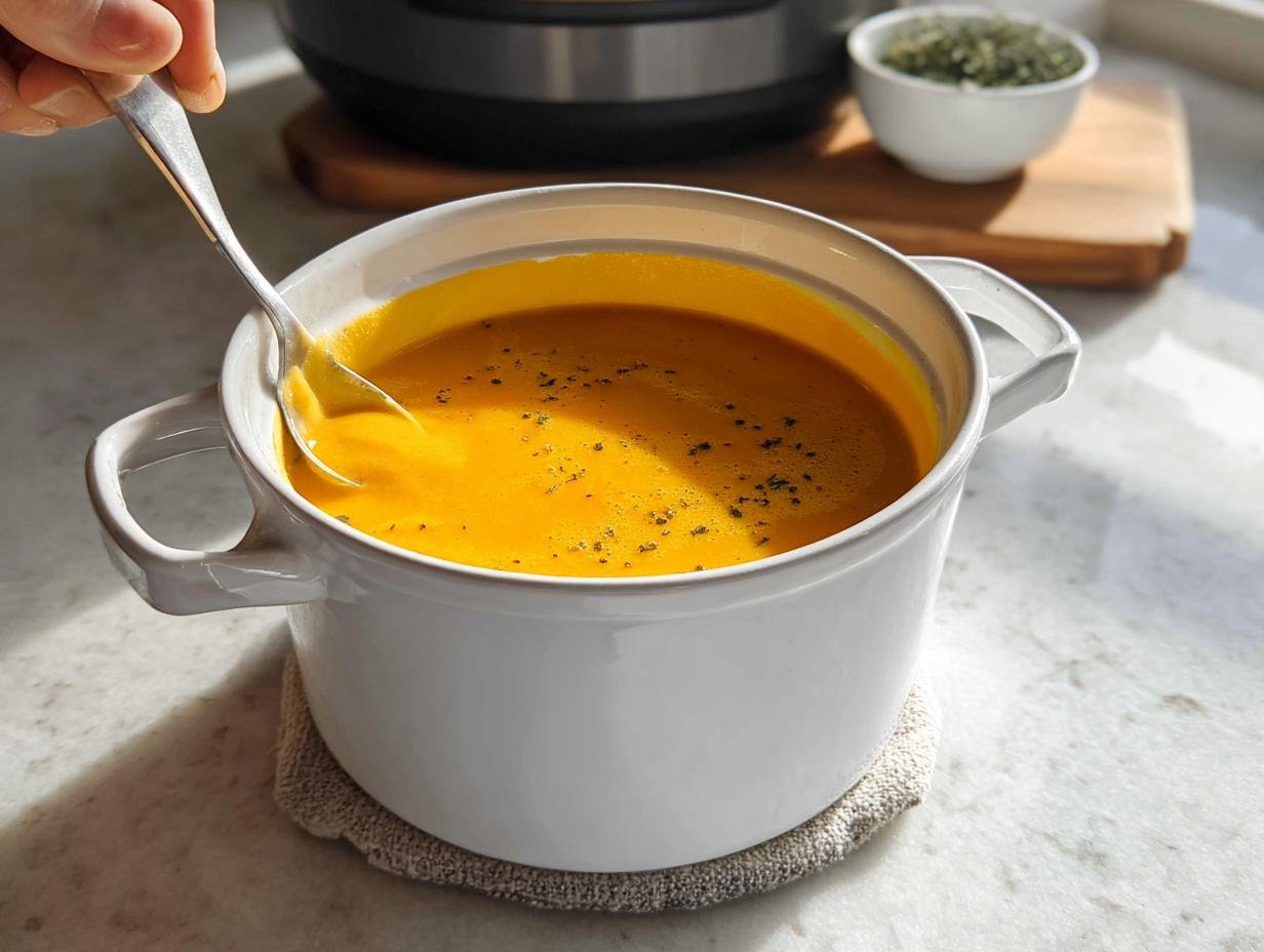 A hand stirs the bright orange, silky Butternut Squash Soup in a white pot on a marble counter.