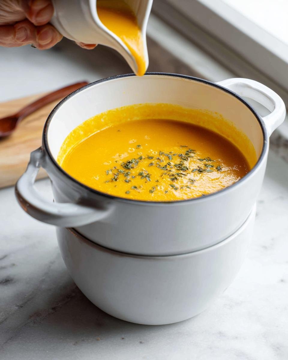 Pouring bright orange Butternut Squash Soup Silky from a white creamer into a matching white pot, garnished with herbs.