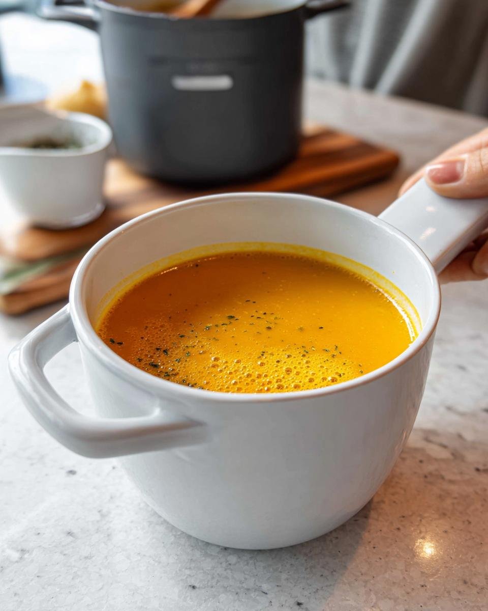 A close-up of vibrant orange Butternut Squash Soup Silky garnished with herbs, held in a white handled bowl.