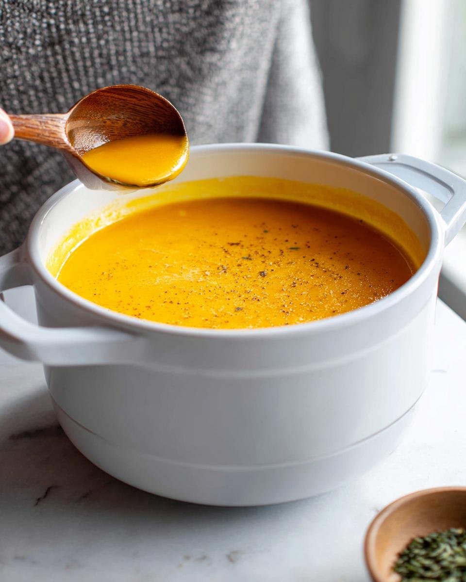 A person serving rich, orange Butternut Squash Soup Silky from a white bowl using a wooden spoon.