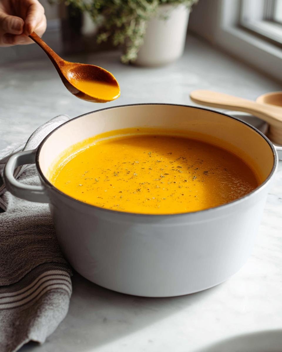 A hand holding a wooden spoon dripping vibrant orange Butternut Squash Soup Silky back into a white Dutch oven.