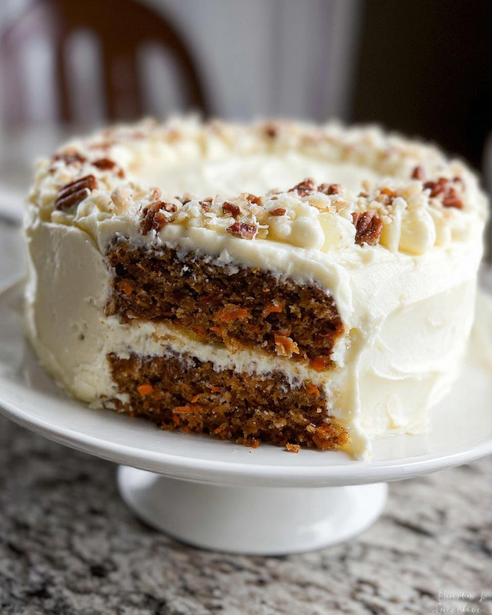 A slice cut from a moist Carrot Cake with Pineapple, layered with cream cheese frosting and topped with pecans.