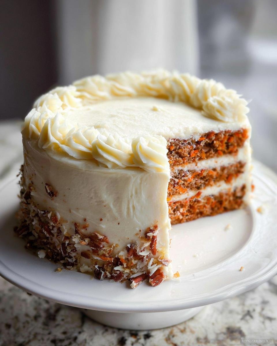 A layered Carrot Cake with Pineapple, frosted with cream cheese icing and pecans on the side, with one slice cut out.