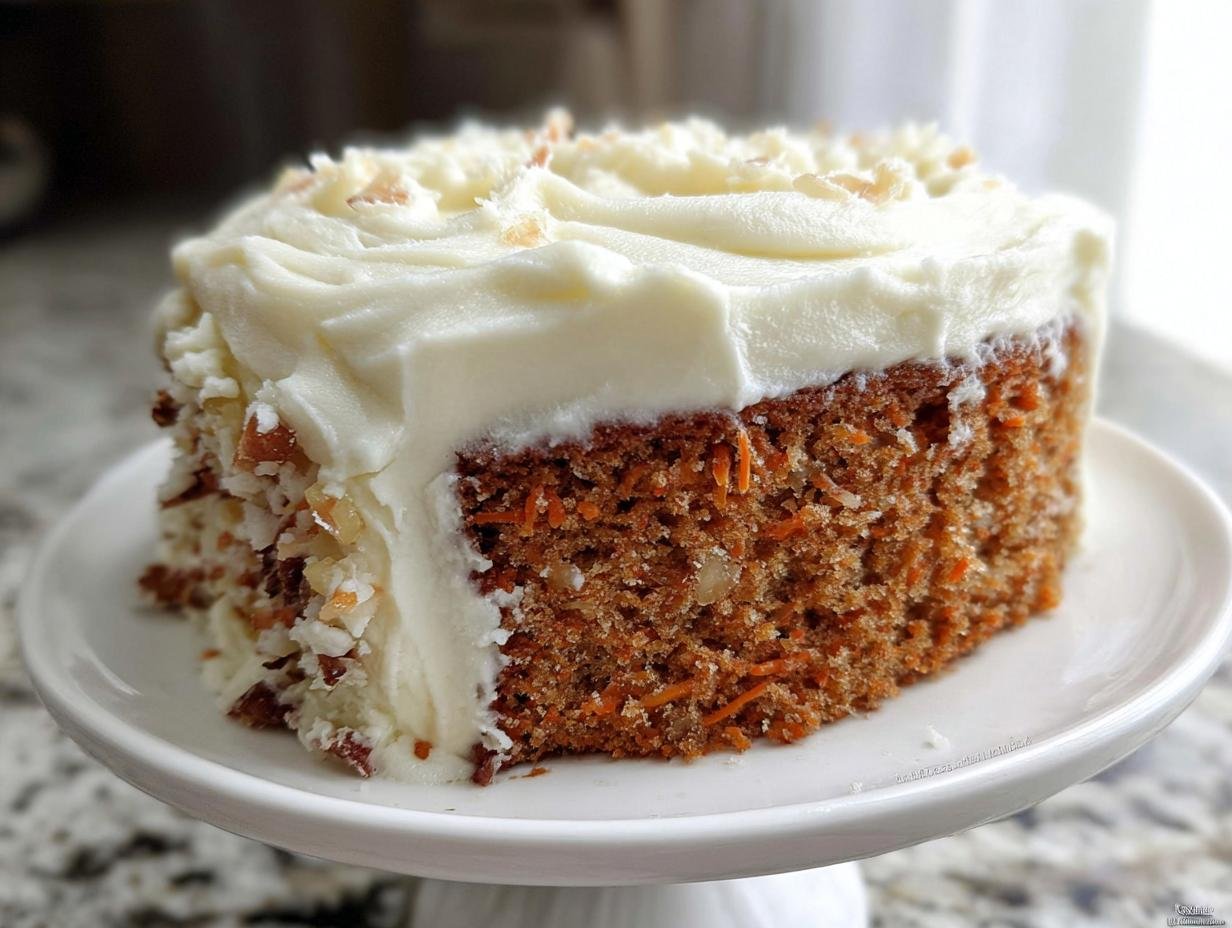 A close-up of a single serving of rich Carrot Cake with Pineapple, topped with thick cream cheese frosting and nuts.