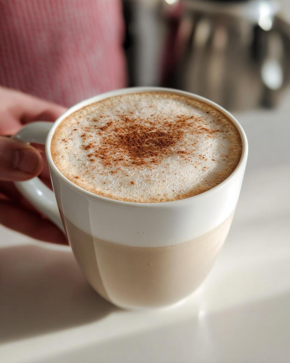 Close-up of a creamy Chai Tea Latte in a white and beige mug, topped with foamed milk and cinnamon.