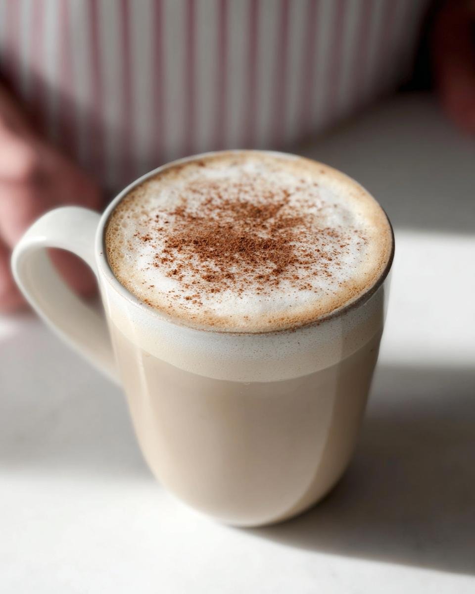 Close-up of a creamy Chai Tea Latte in a light-colored mug, topped with foam and sprinkled cinnamon.
