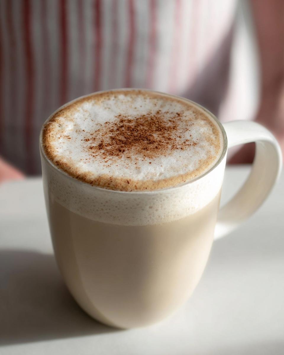 Close-up of a creamy Chai Tea Latte in a white mug, topped with foamed milk and a sprinkle of cinnamon.